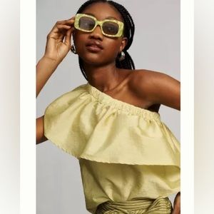 NWT!! Anthropologie, one shoulder, green, yellow silk blouse, ruffle size large
